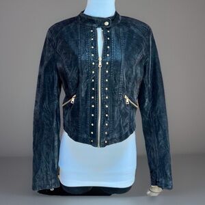 Black MOD Steampunk COUTURE Cropped Studded Moto Rock Faux Leather Jacke…